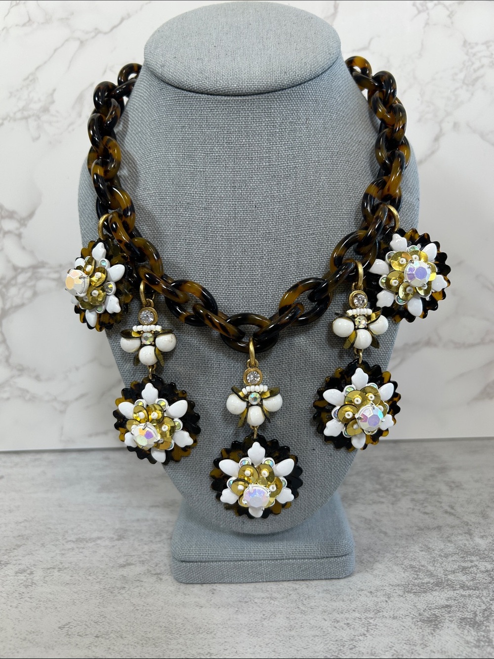 J. Crew Tortoiseshell Link Necklace with White Floral Drops